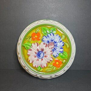 Vintage MCM 1970s Hand Painted Ceramic Mold Floral Hanging Kitchen Wall Decor
